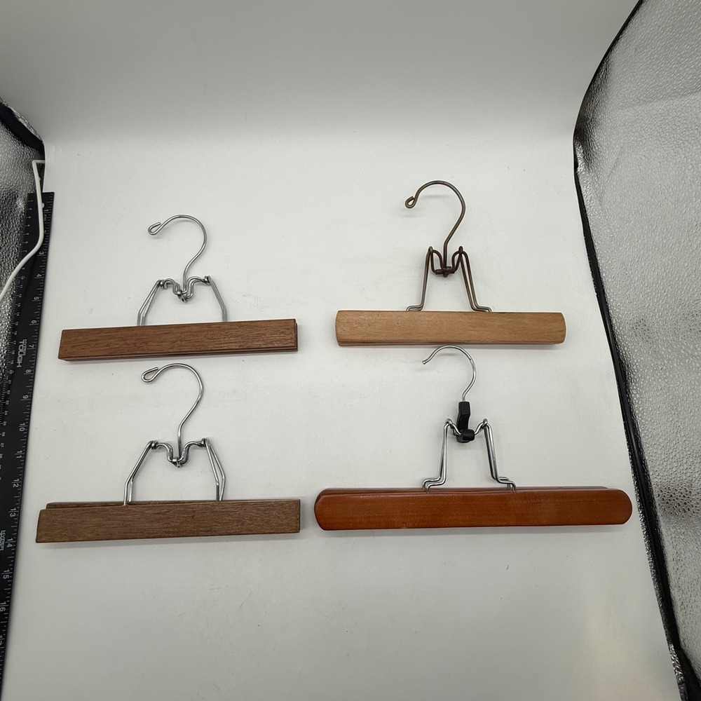 Vintage Wooden Pant Skirt Hangers Set of 4 Metal Clamp Wood Hangers Assorted
